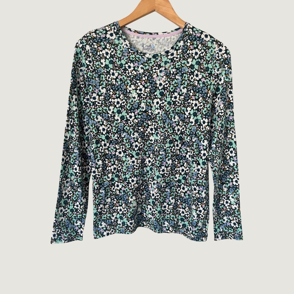 Croft & Barrow Womens Petite PS Floral Long Sleeve Classic Tee Cotton Blue Green